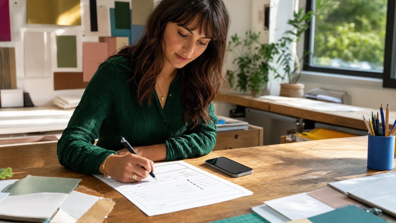 A designer filling out a neat fax cover sheet beside a phone in a colorful sunlit studio