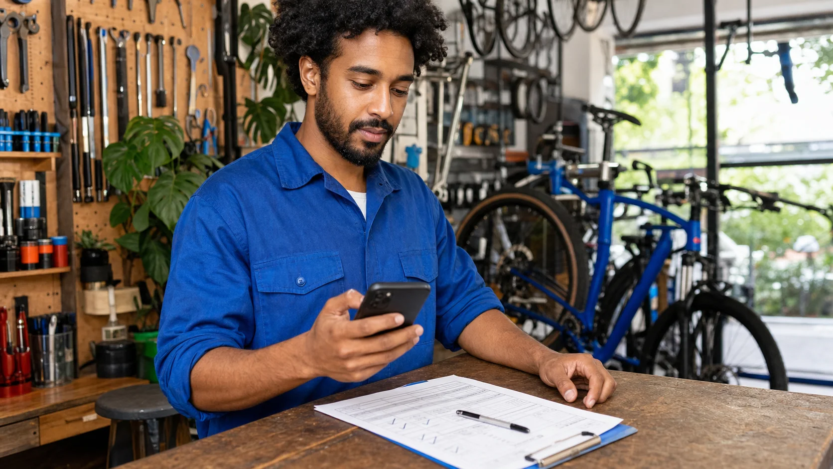 Un hombre utiliza un teléfono Android junto a documentos completados en un taller de bicicletas luminoso