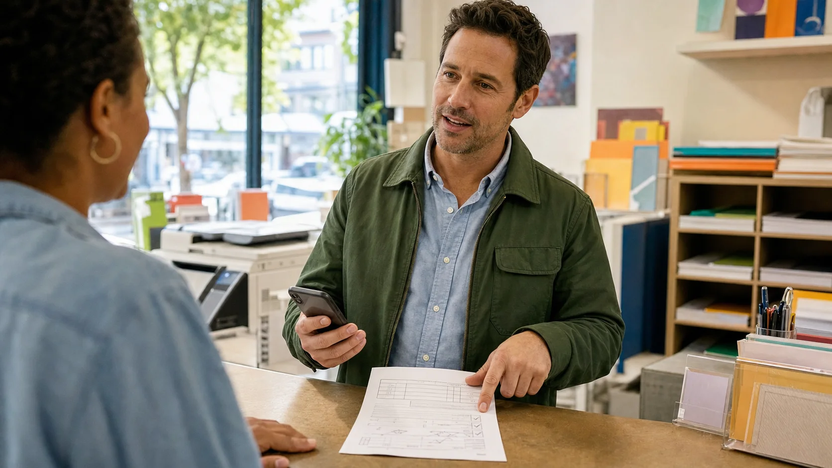 A man comparing a phone and completed paperwork at a bright independent print shop