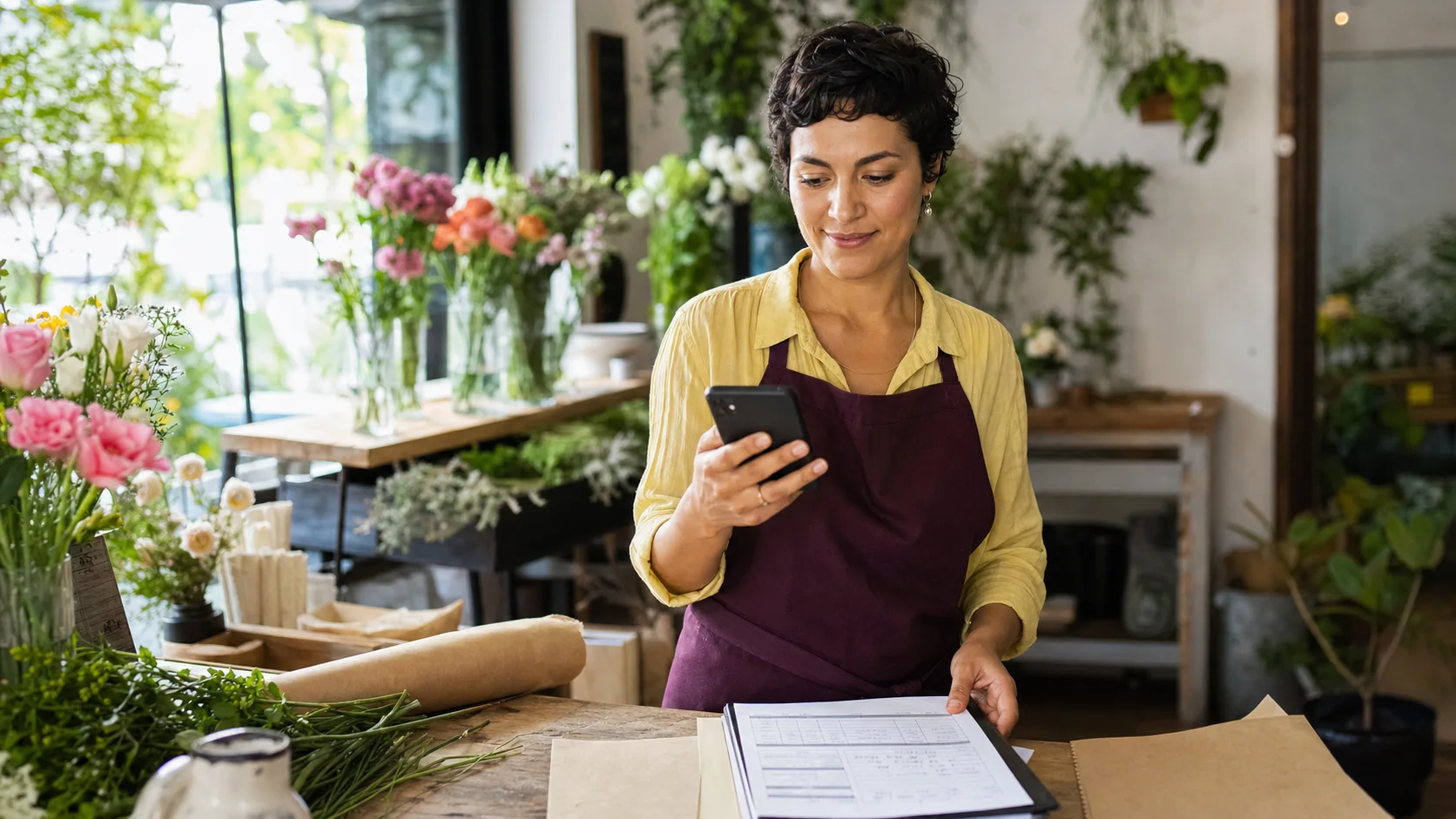Una mujer consulta en su teléfono un documento recién recibido en una floristería luminosa