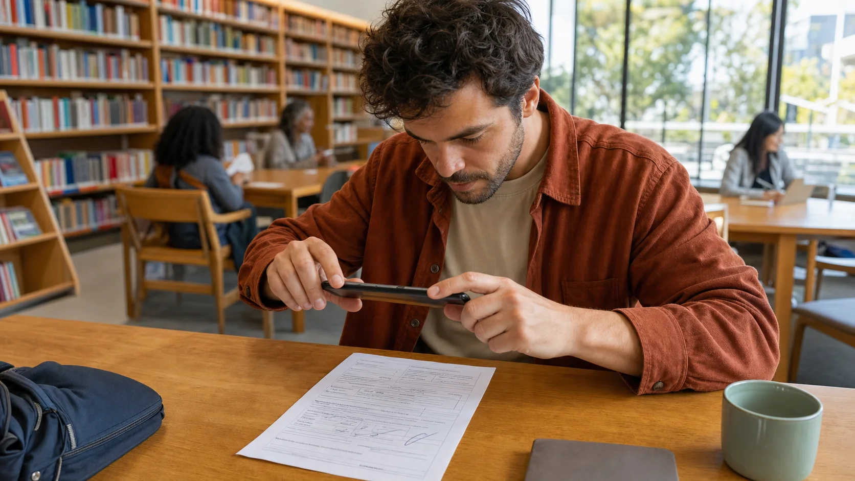 Un hombre fotografía un formulario completado con su teléfono en una mesa de biblioteca iluminada por el sol