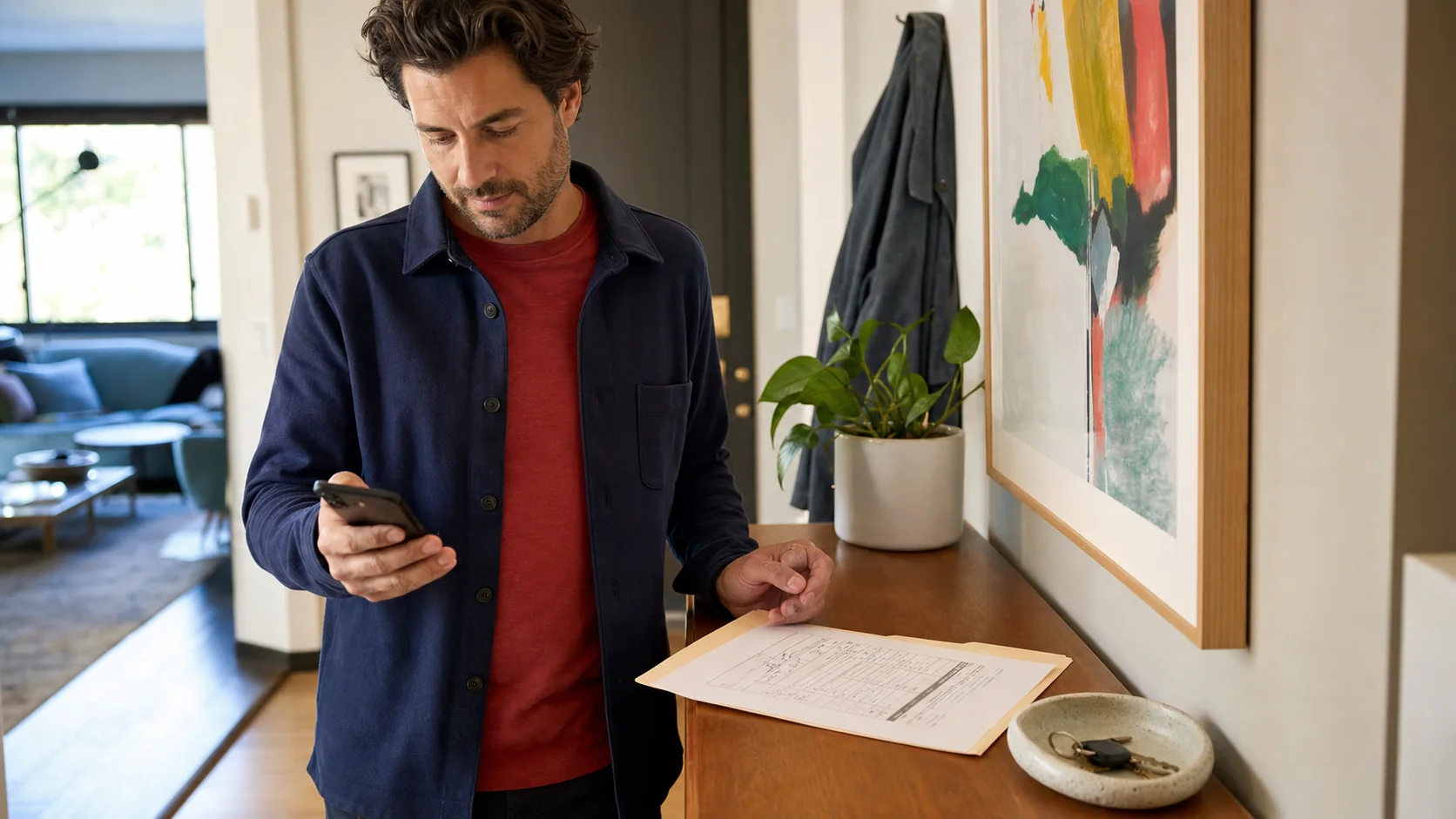 Un hombre consulta su teléfono junto a un formulario completado en la entrada luminosa de un apartamento