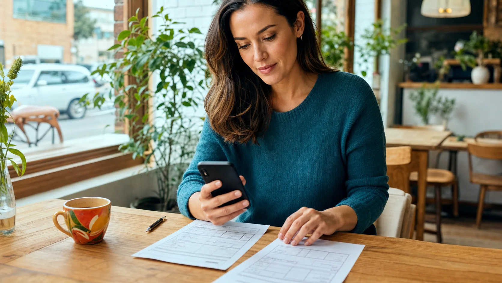 Una mujer consulta un teléfono junto a documentos completados en una cafetería luminosa