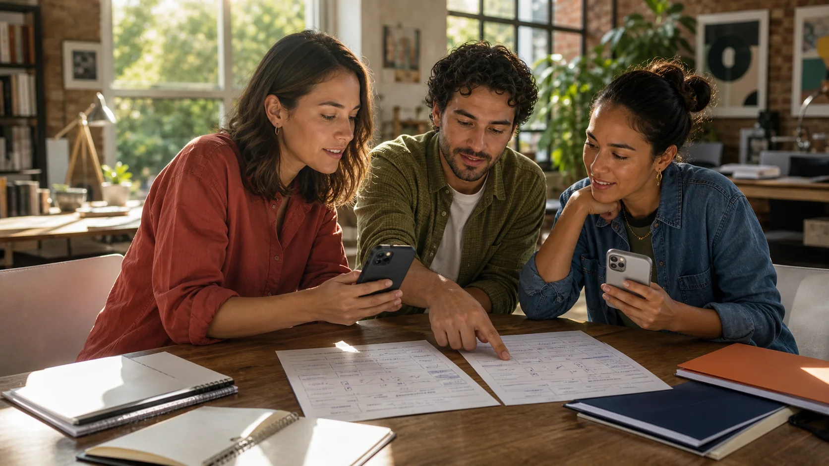 Tres compañeros comparan teléfonos y formularios completados en una mesa de estudio iluminada por el sol