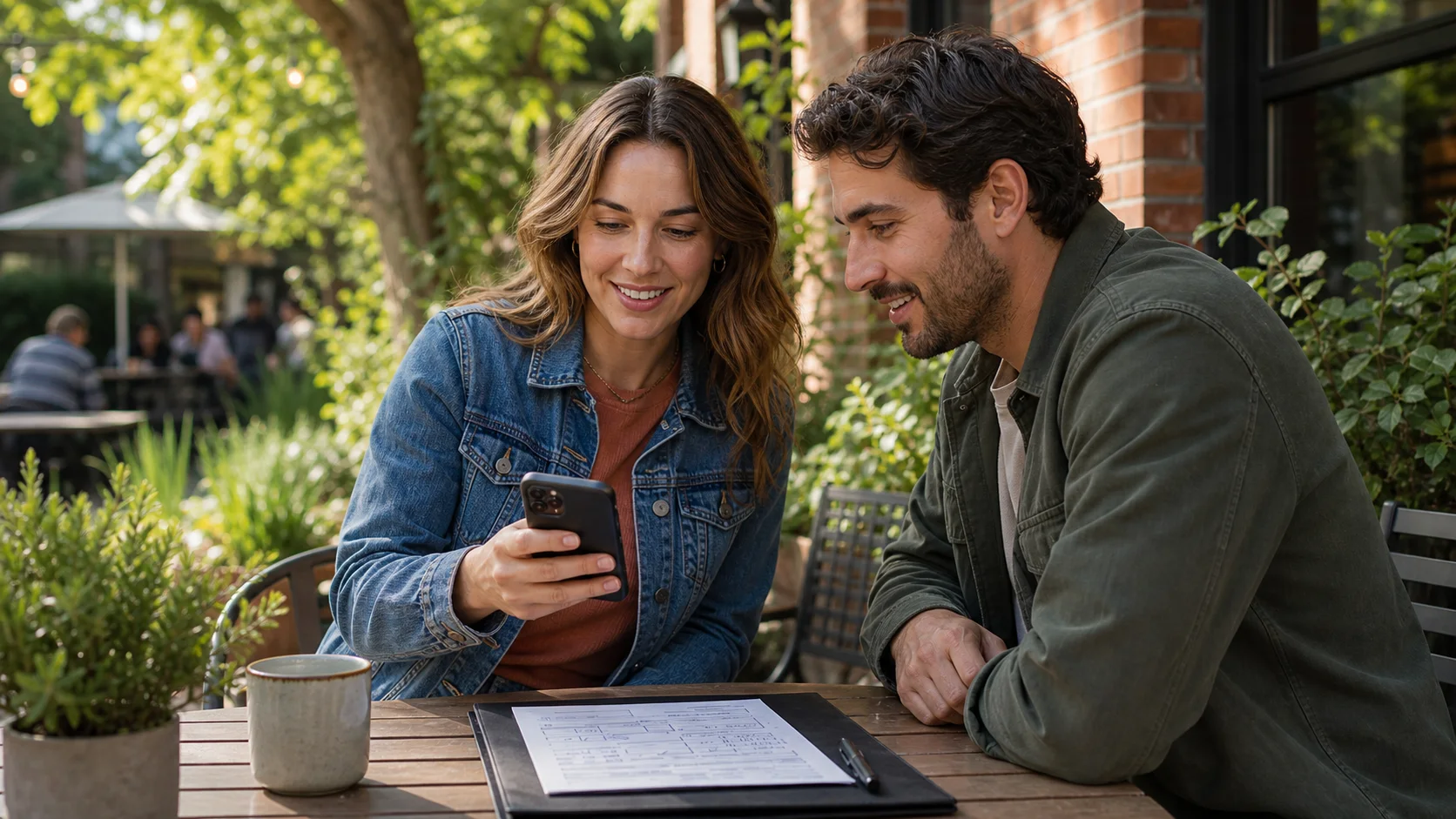 Dos amigos consultan un teléfono en una cafetería al aire libre junto a un formulario completado