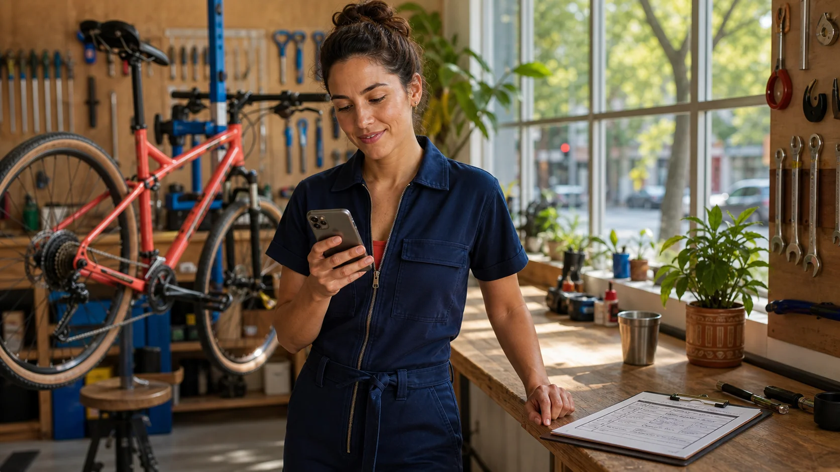 Un mecánico de bicicletas consulta un teléfono en un taller luminoso junto a una orden de servicio completada
