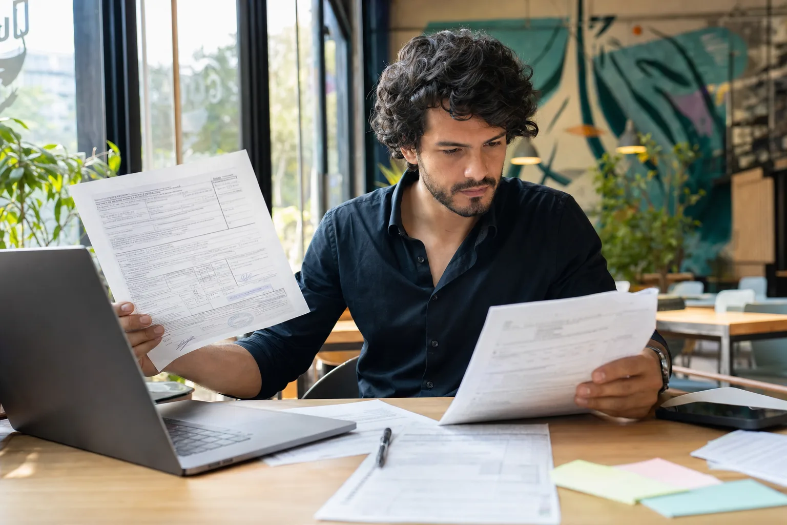 An international founder reviewing company documents on a laptop at a sunny shared workspace
