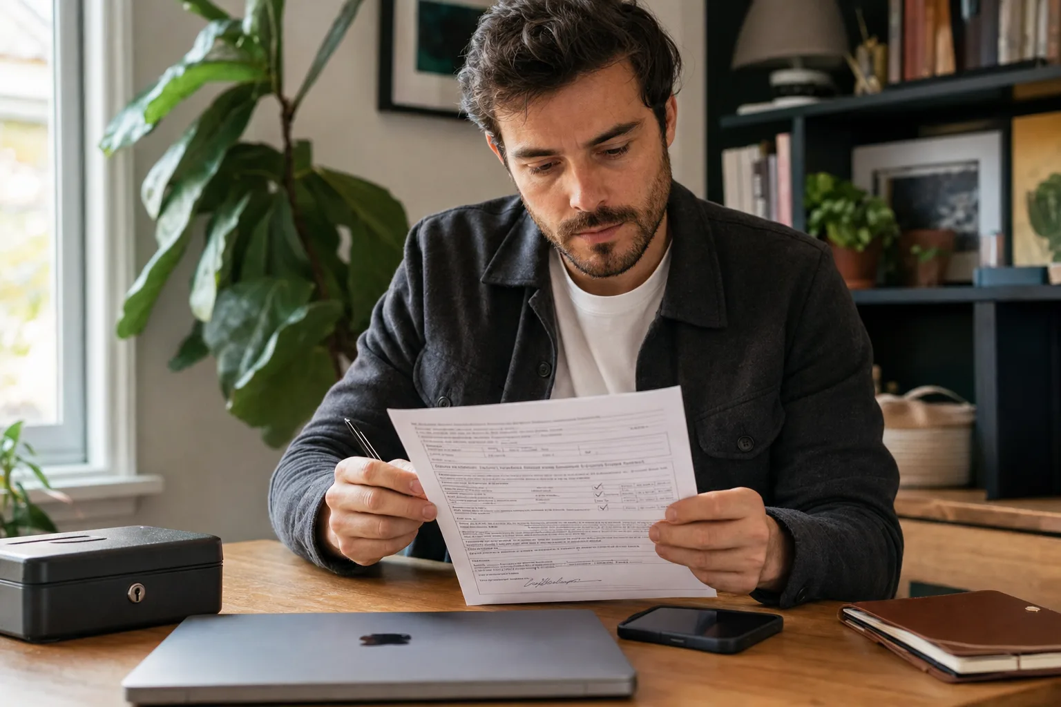 Una persona revisa un formulario de protección de identidad en un escritorio ordenado