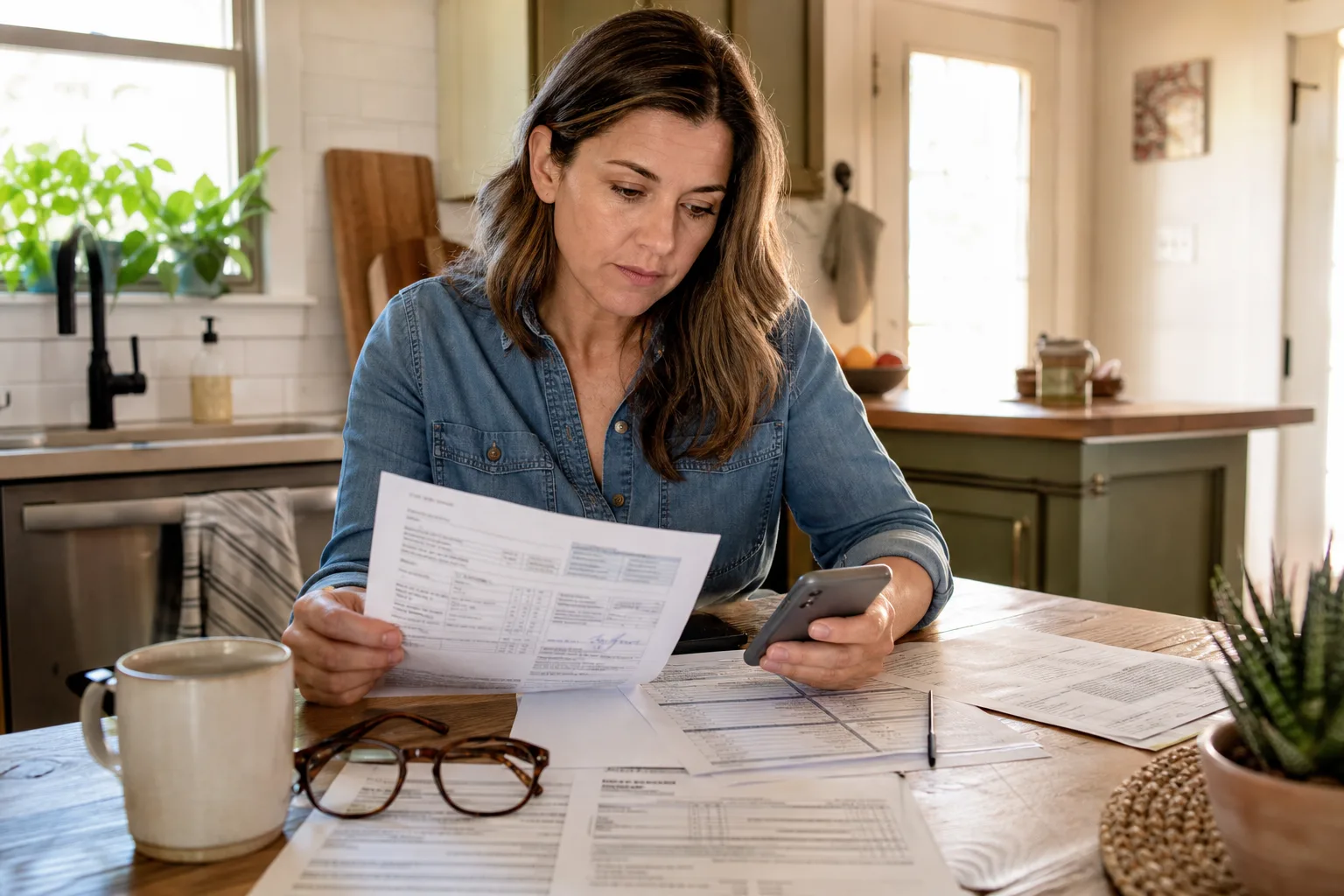 A taxpayer checking a refund trace form and bank statement at a bright kitchen table