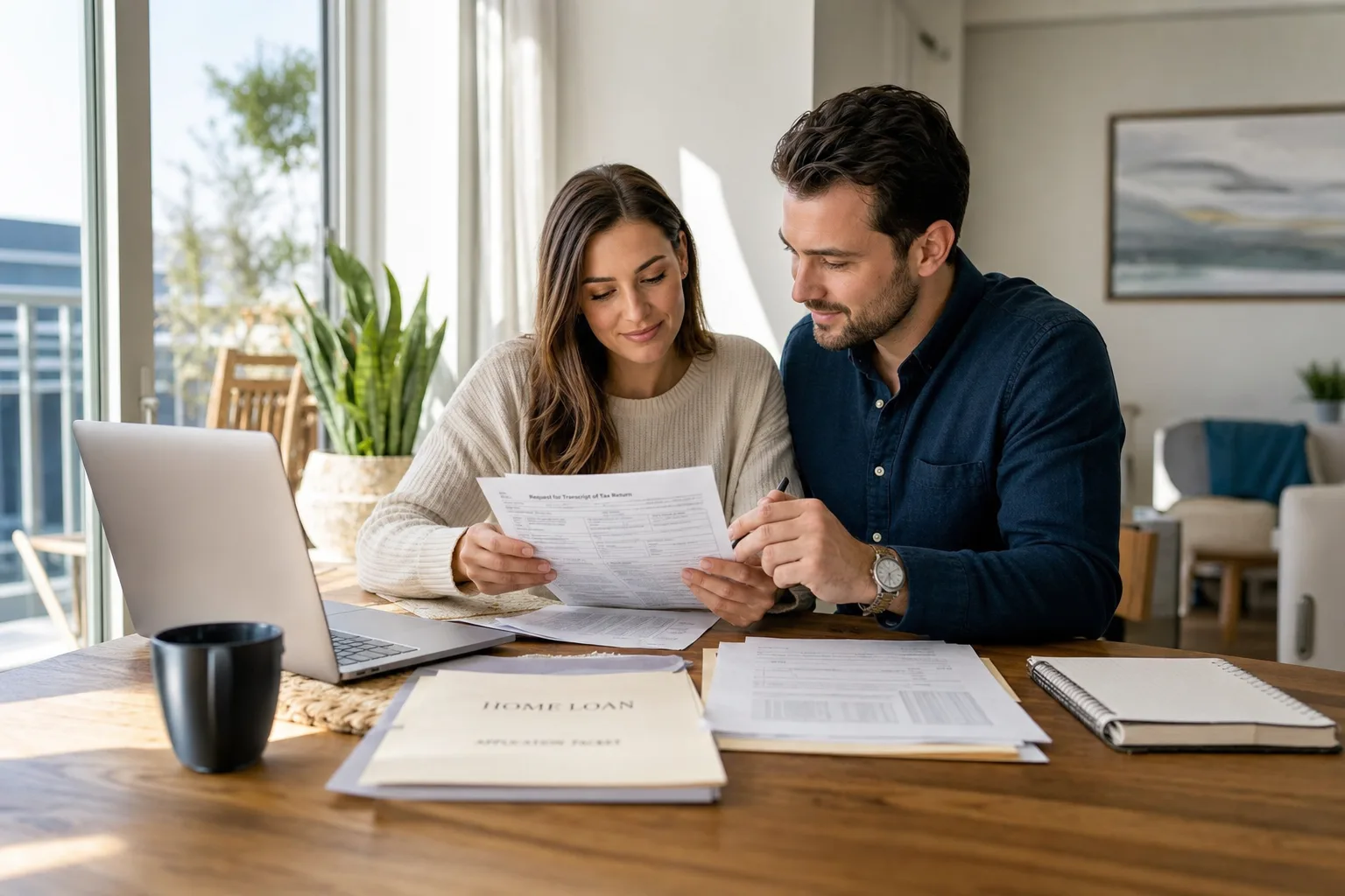 A home buyer reviewing a tax transcript request with a laptop near a sunny window