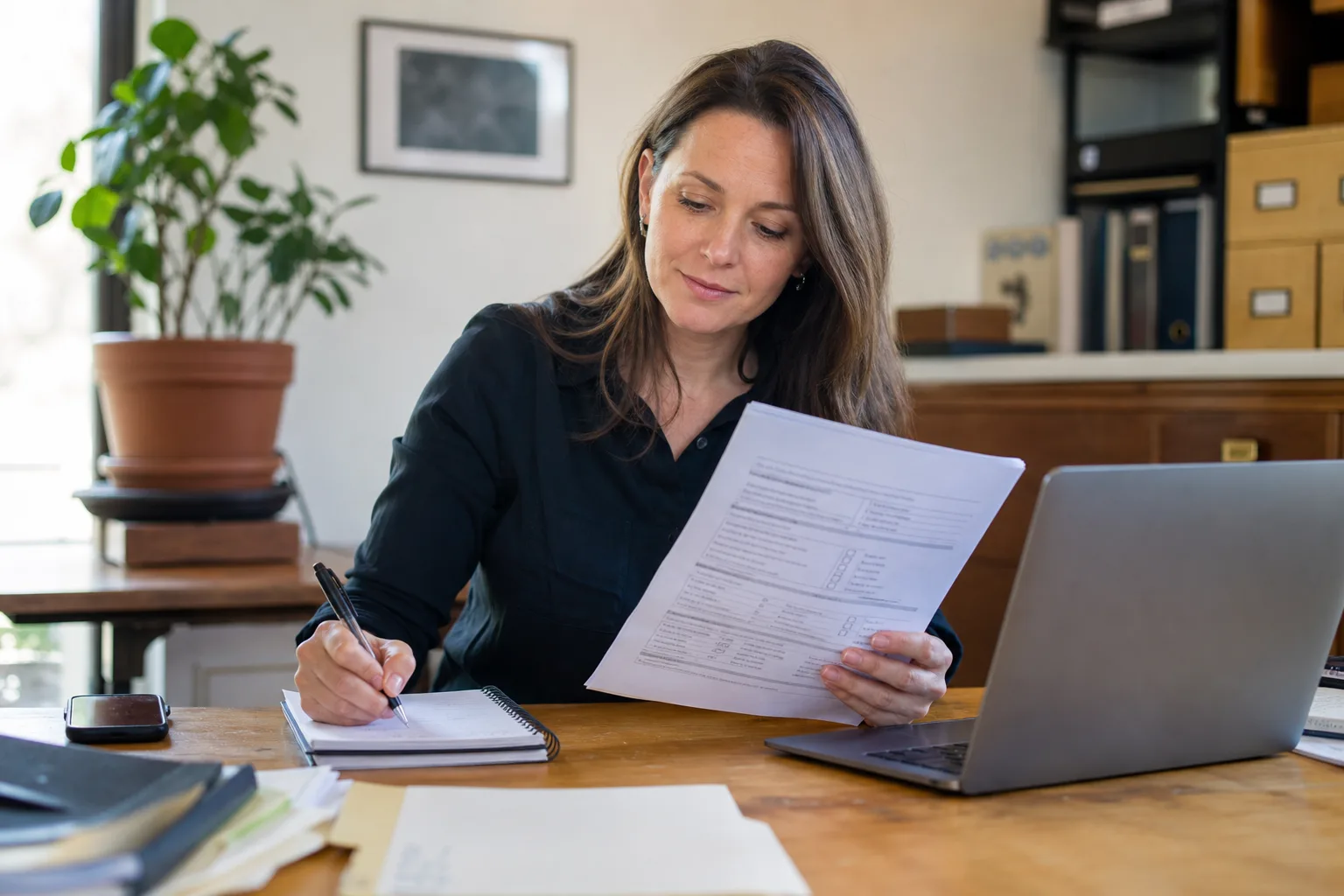 A bookkeeper checking a tax information authorization beside a laptop in natural light