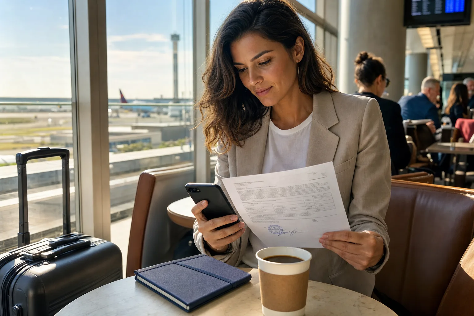 A traveler sending a document from a phone at a bright airport lounge table