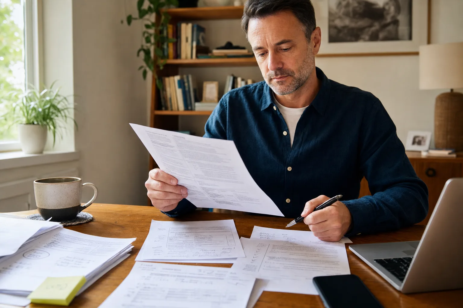 Un contribuyente organiza una carta y documentos de respaldo antes de responder desde casa